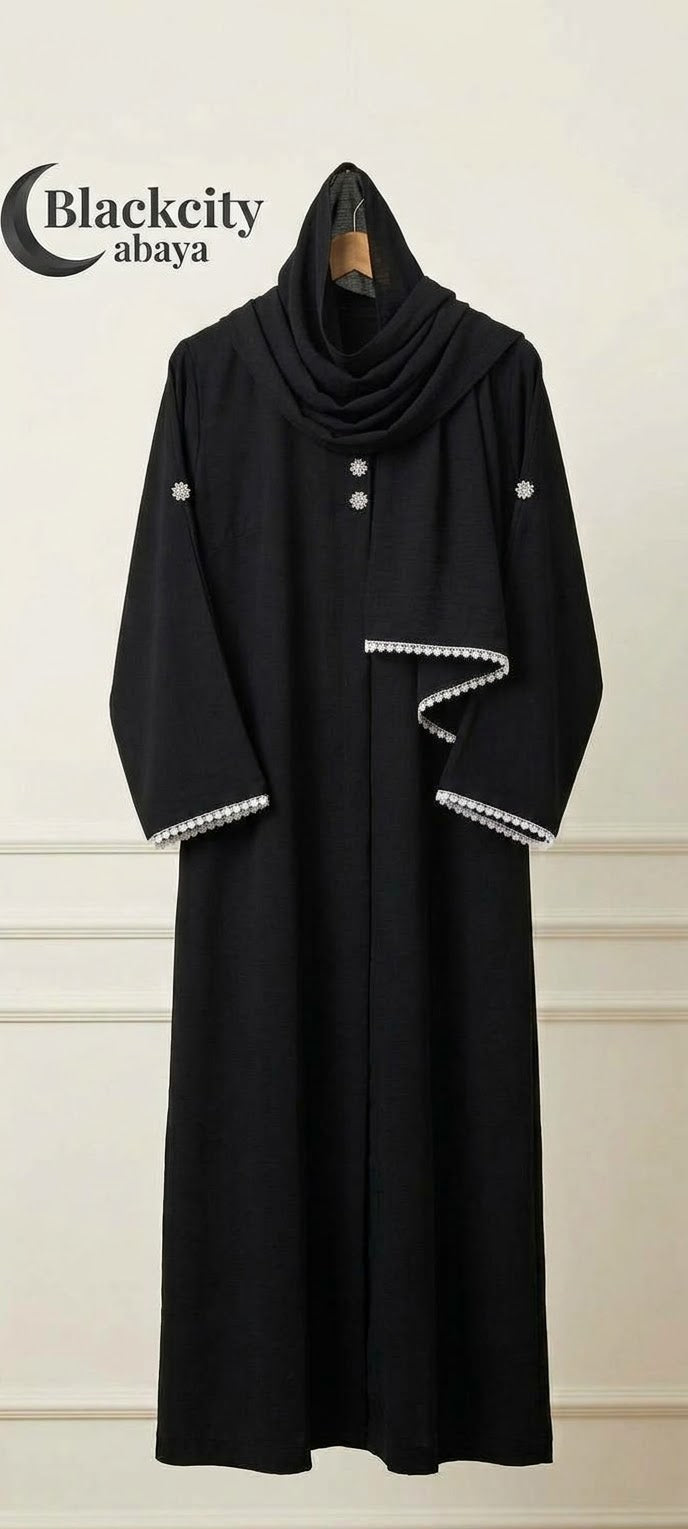 Premium Black Lace Detailed Abaya with Attached Hijab Set Blackcity Elegant Black Abaya with Delicate Lace Trim
