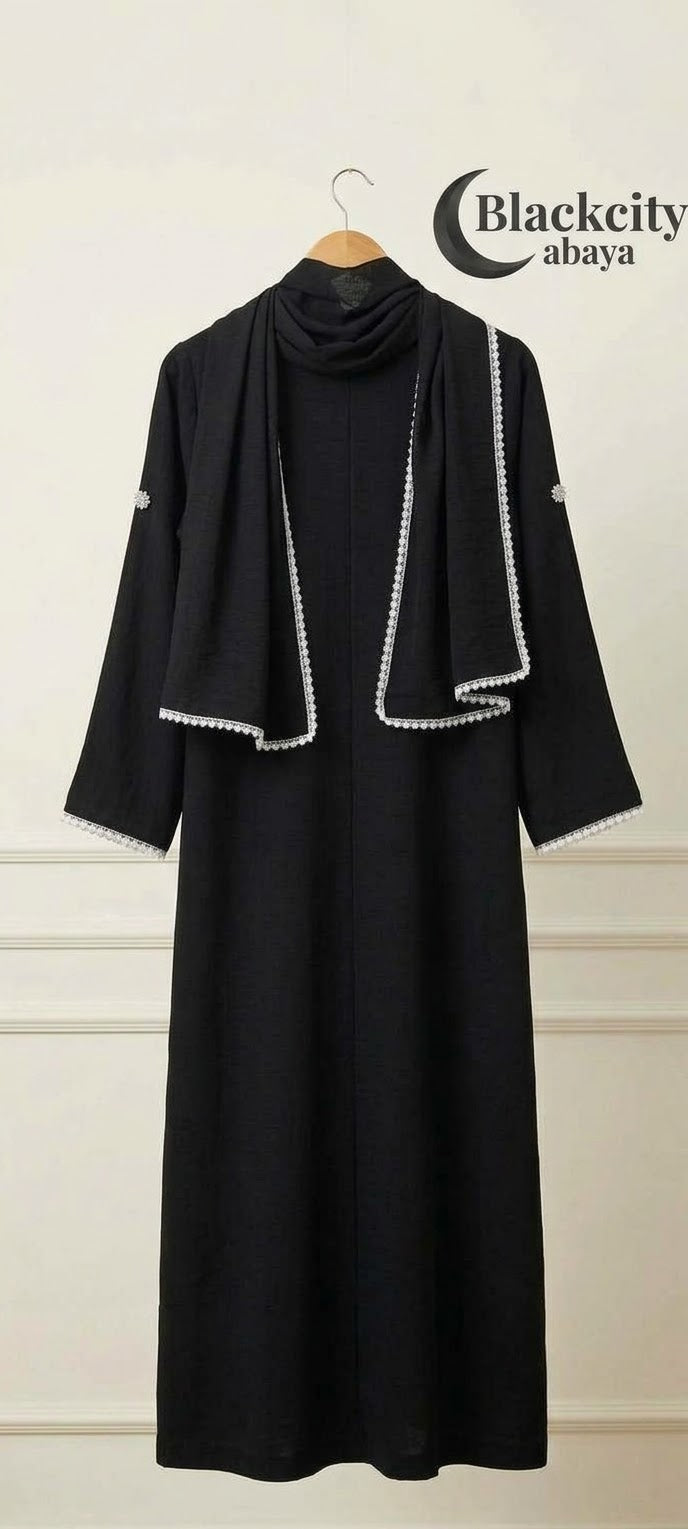 Premium Black Lace Detailed Abaya with Attached Hijab Set Blackcity Elegant Black Abaya with Delicate Lace Trim