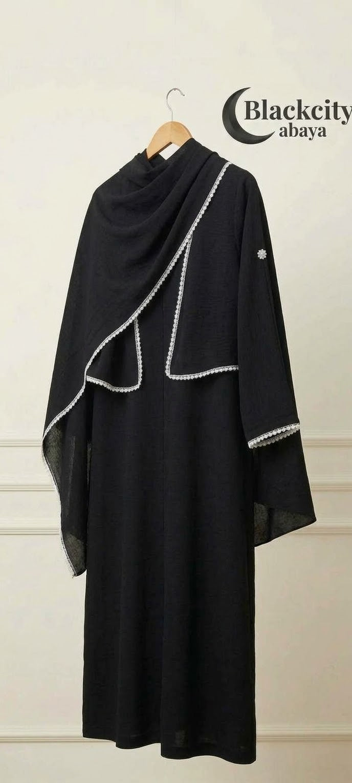 Premium Black Lace Detailed Abaya with Attached Hijab Set Blackcity Elegant Black Abaya with Delicate Lace Trim