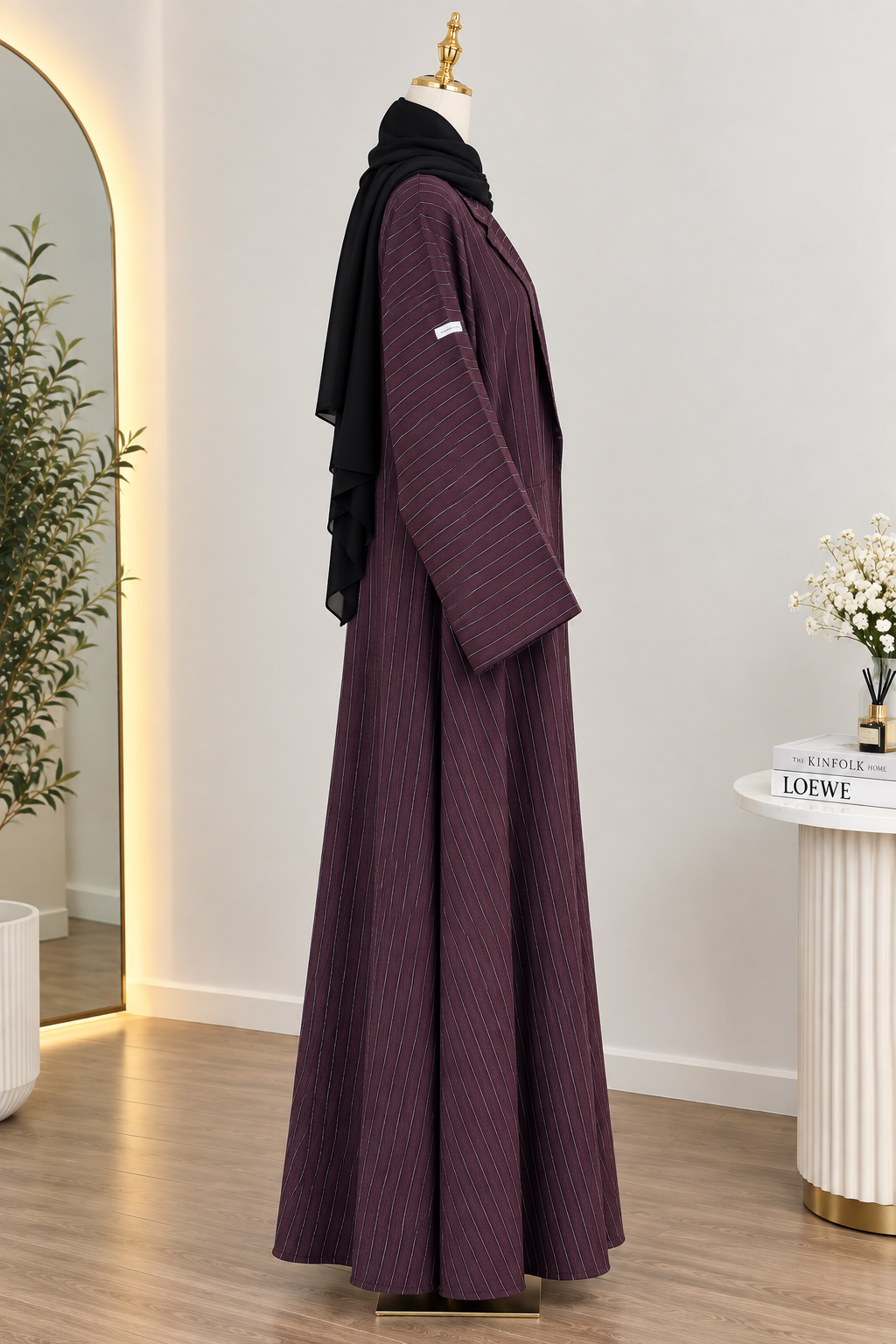 Elegant Plum Pinstripe Open Front Abaya with Matching Hijab Set