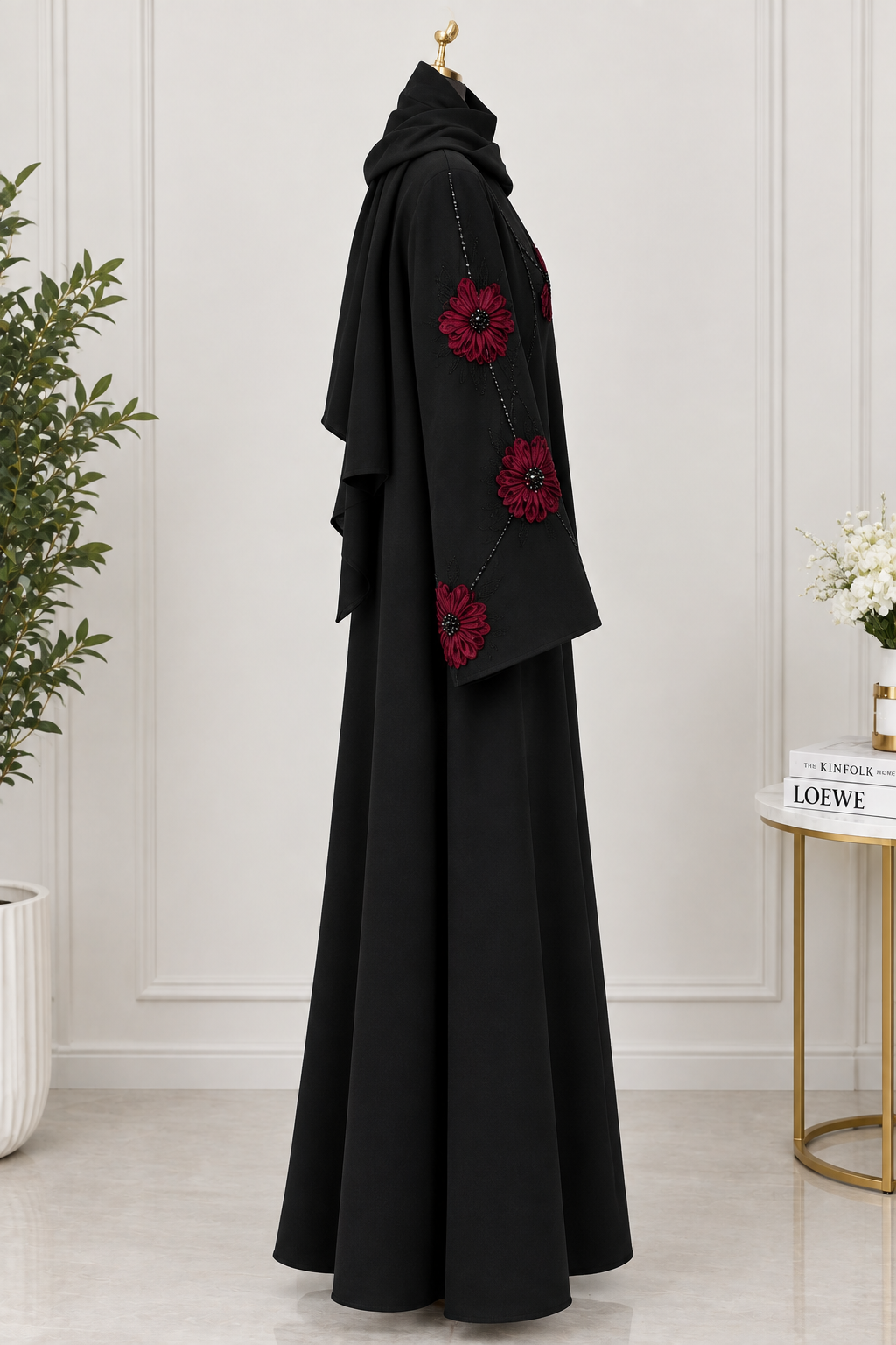 Luxury Black Abaya with Elegant Red Floral Embroidery & Matching Hijab Set