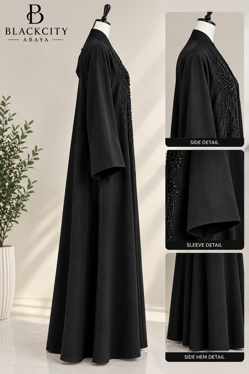 Luxurious Hand-Beaded Black Front-Open Abaya