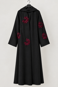 Luxury Black Abaya with Elegant Red Floral Embroidery & Matching Hijab Set