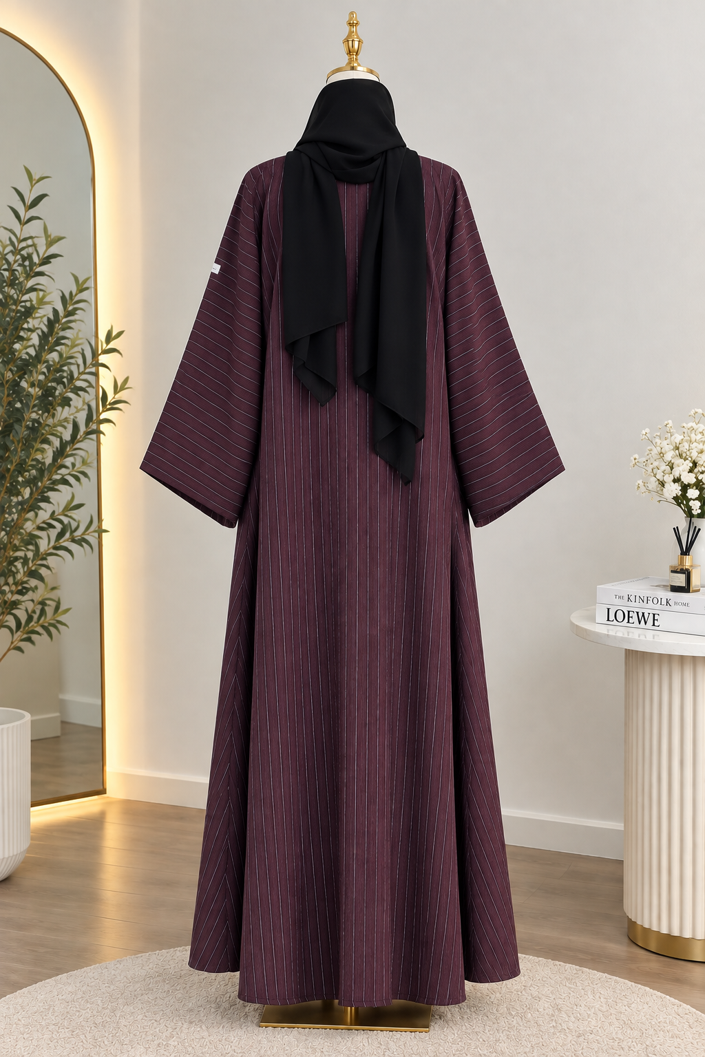 Elegant Plum Pinstripe Open Front Abaya with Matching Hijab Set