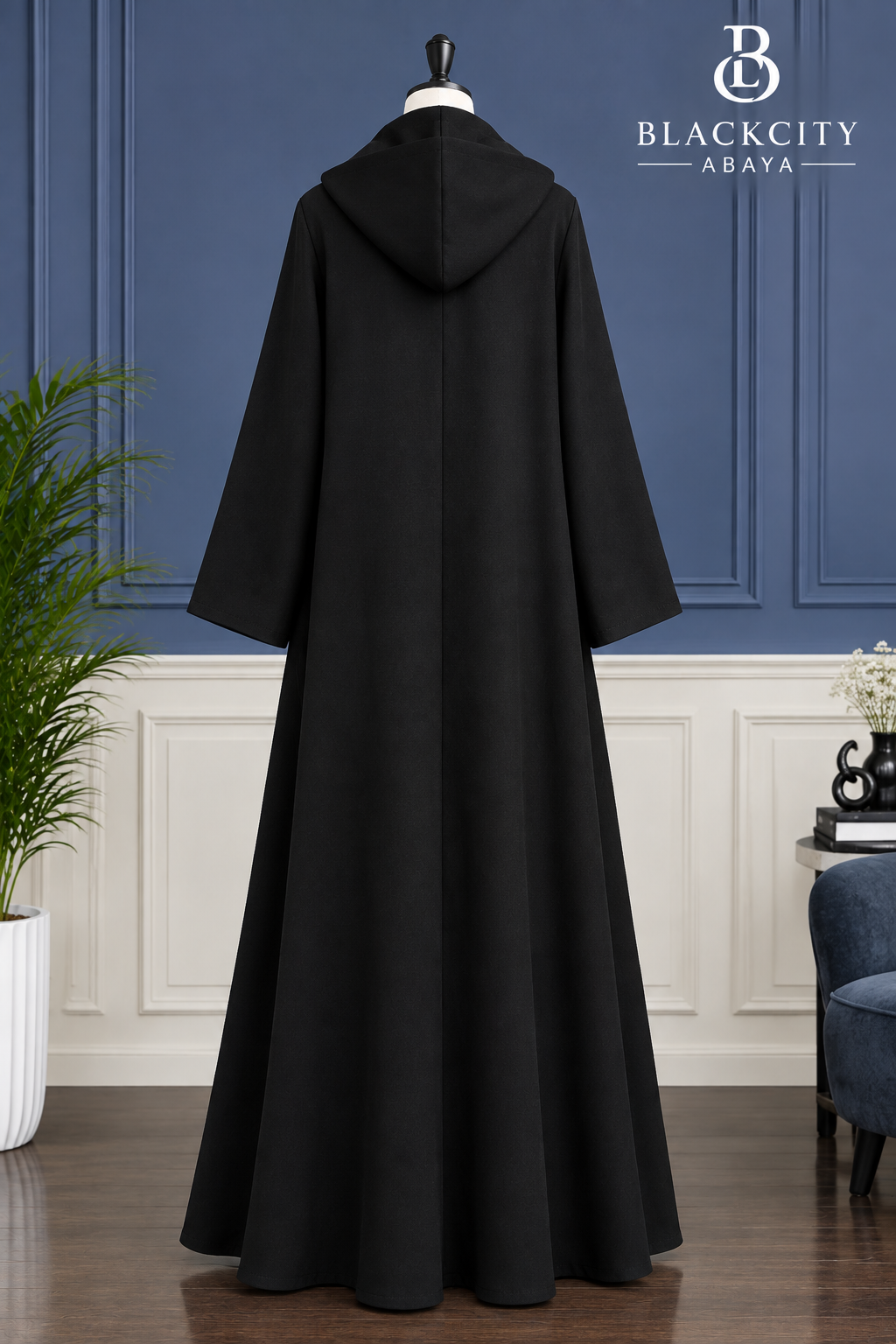 Classic Lapel Collar Black Abaya with Golden Bow Fasteners & Lace Cuffs