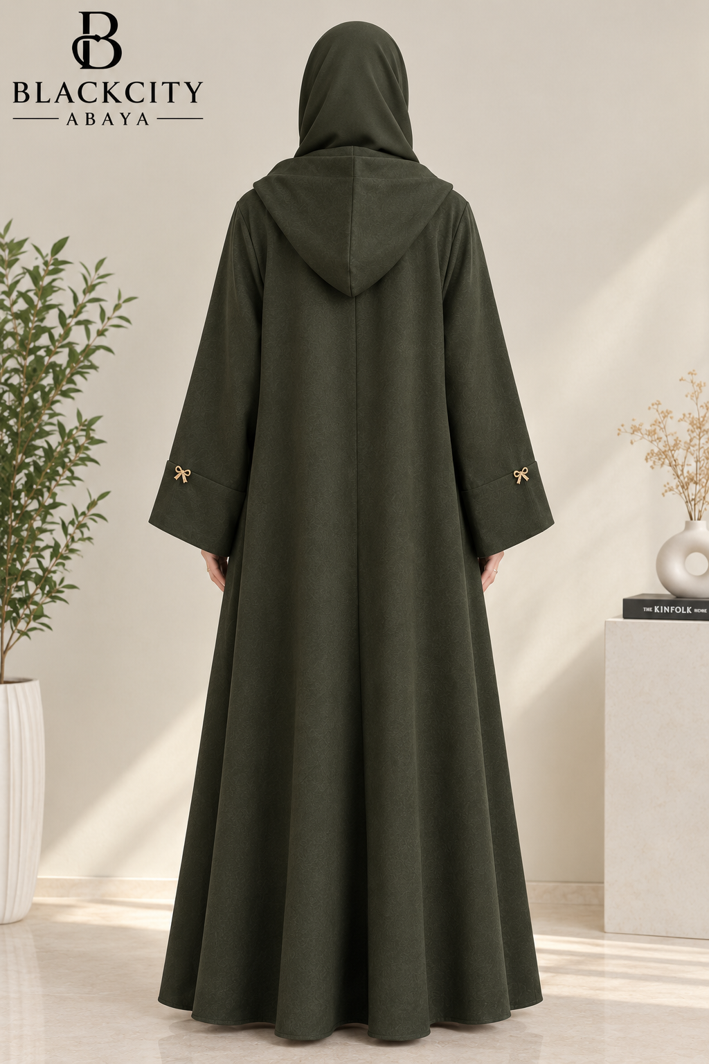 Elegant Hooded Olive Green Abaya with Golden Bow Accent Buttons