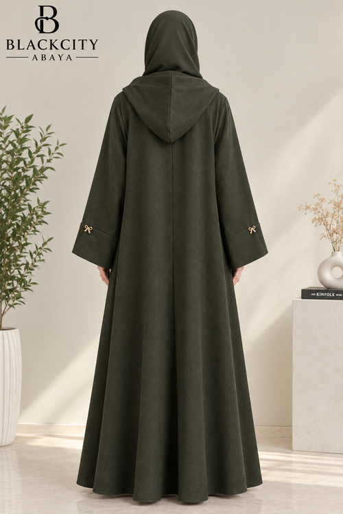 Elegant Hooded Olive Green Abaya with Golden Bow Accent Buttons