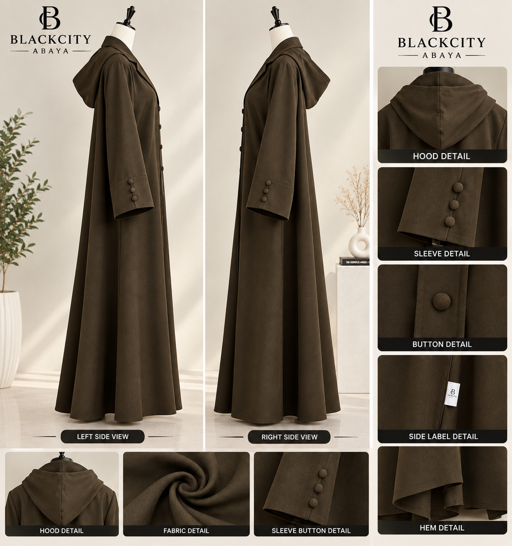 Modern Hooded Coat-Style Abaya with Fabric-Covered Buttons
