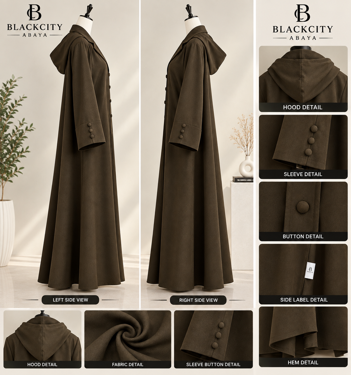 Modern Hooded Coat-Style Abaya with Fabric-Covered Buttons