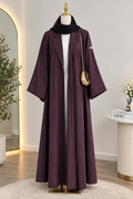 Elegant Plum Pinstripe Open Front Abaya with Matching Hijab Set