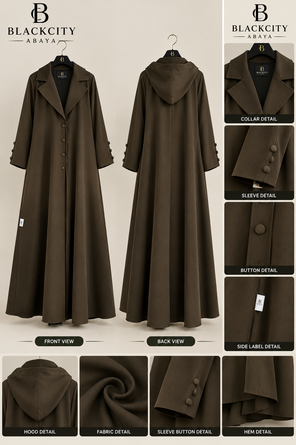Modern Hooded Coat-Style Abaya with Fabric-Covered Buttons