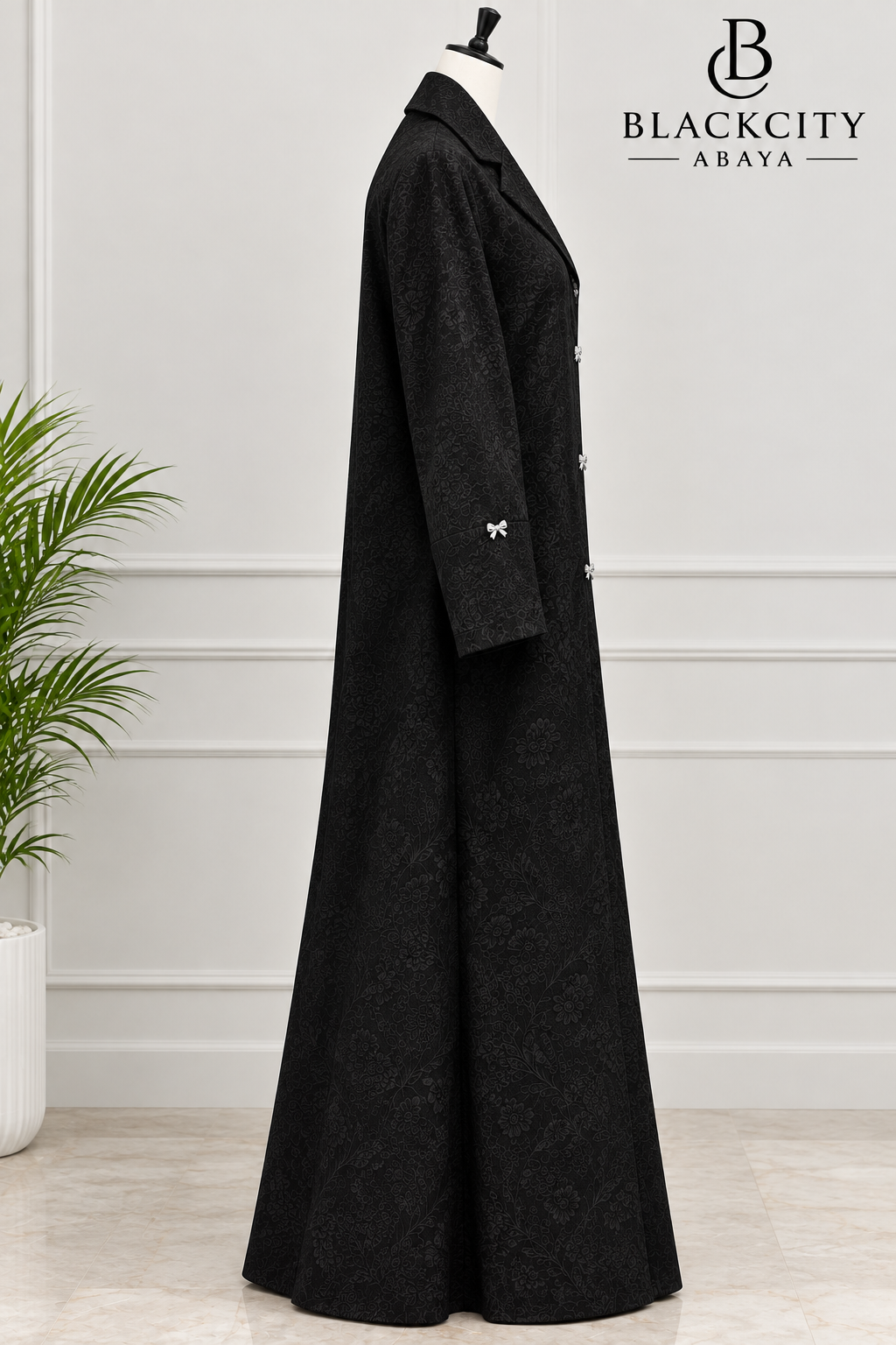 Luxury Black Floral Jacquard Coat-Style Abaya Set with Silver Bow Fasteners