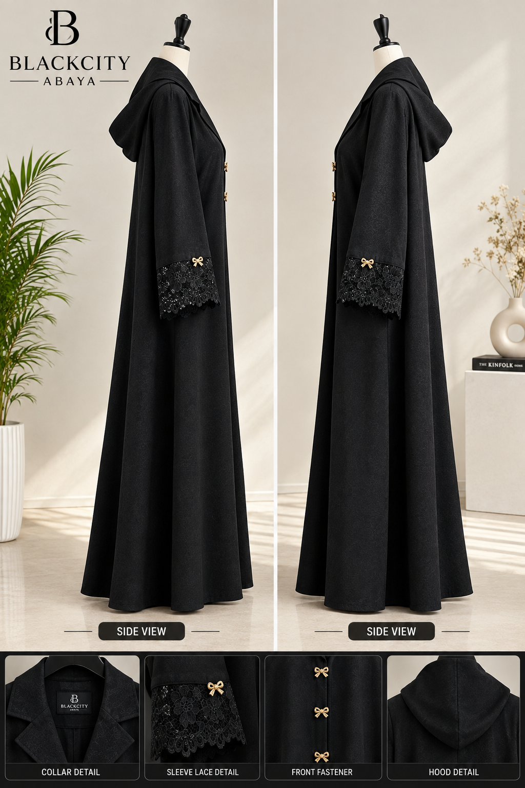 Classic Lapel Collar Black Abaya with Golden Bow Fasteners & Lace Cuffs