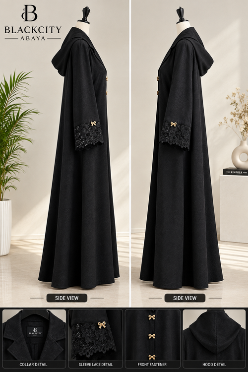Classic Lapel Collar Black Abaya with Golden Bow Fasteners & Lace Cuffs