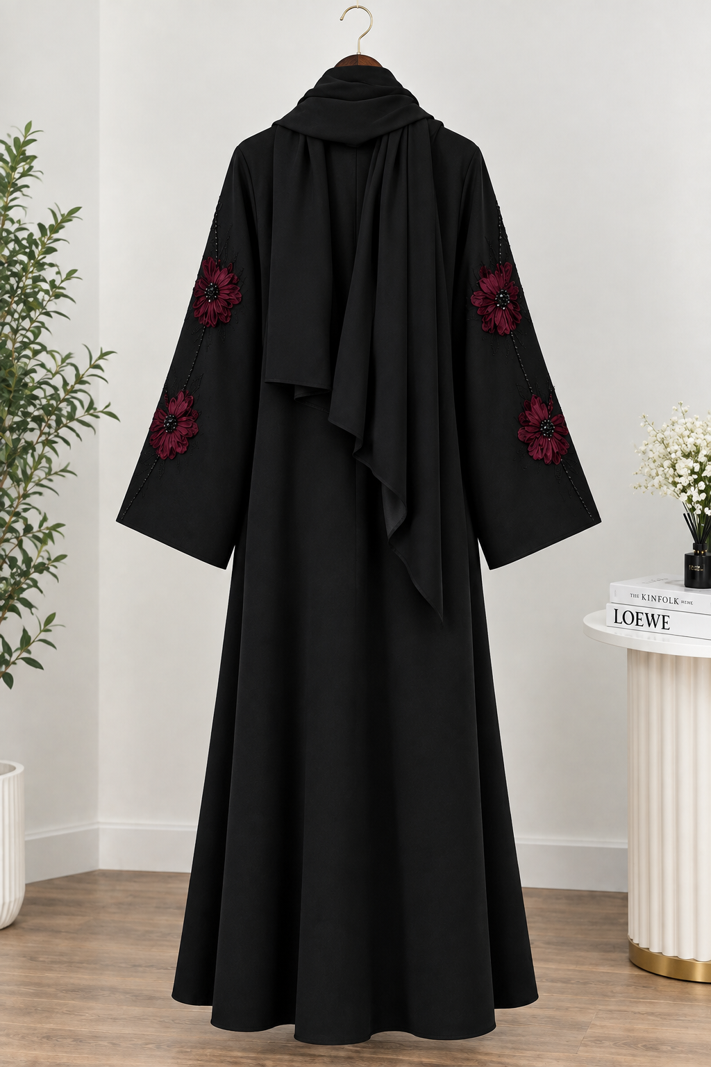 Luxury Black Abaya with Elegant Red Floral Embroidery & Matching Hijab Set