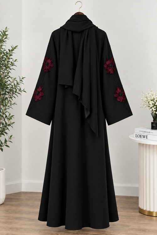 Luxury Black Abaya with Elegant Red Floral Embroidery & Matching Hijab Set