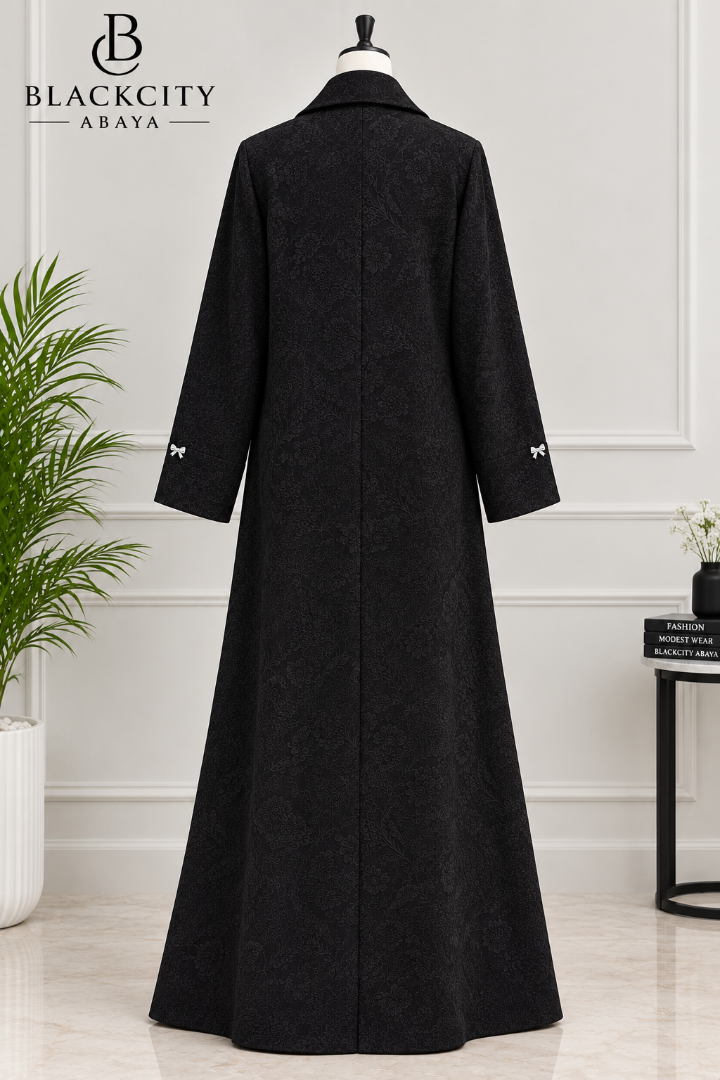 Luxury Black Floral Jacquard Coat-Style Abaya Set with Silver Bow Fasteners