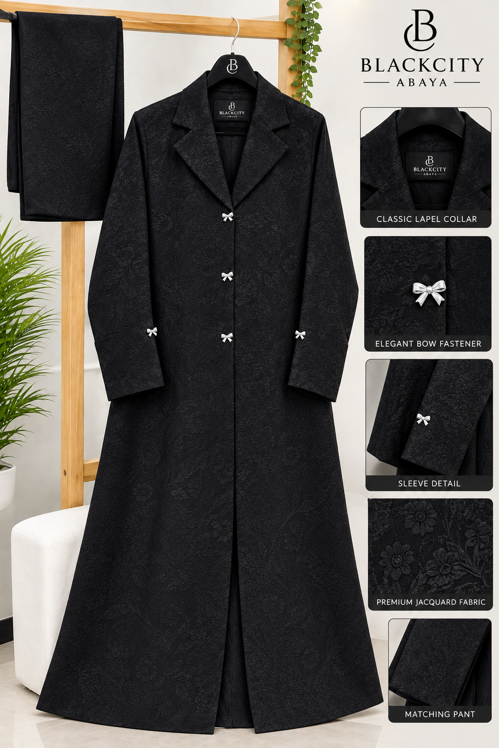 Luxury Black Floral Jacquard Coat-Style Abaya Set with Silver Bow Fasteners