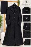 Luxury Black Floral Jacquard Coat-Style Abaya Set with Silver Bow Fasteners