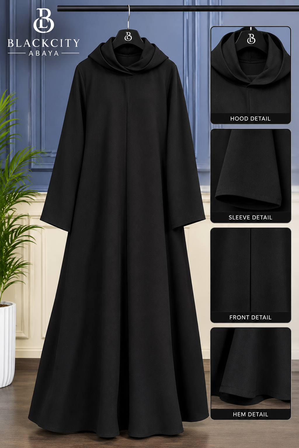 Minimalist Plain Black Hooded Abaya with Wide Flare