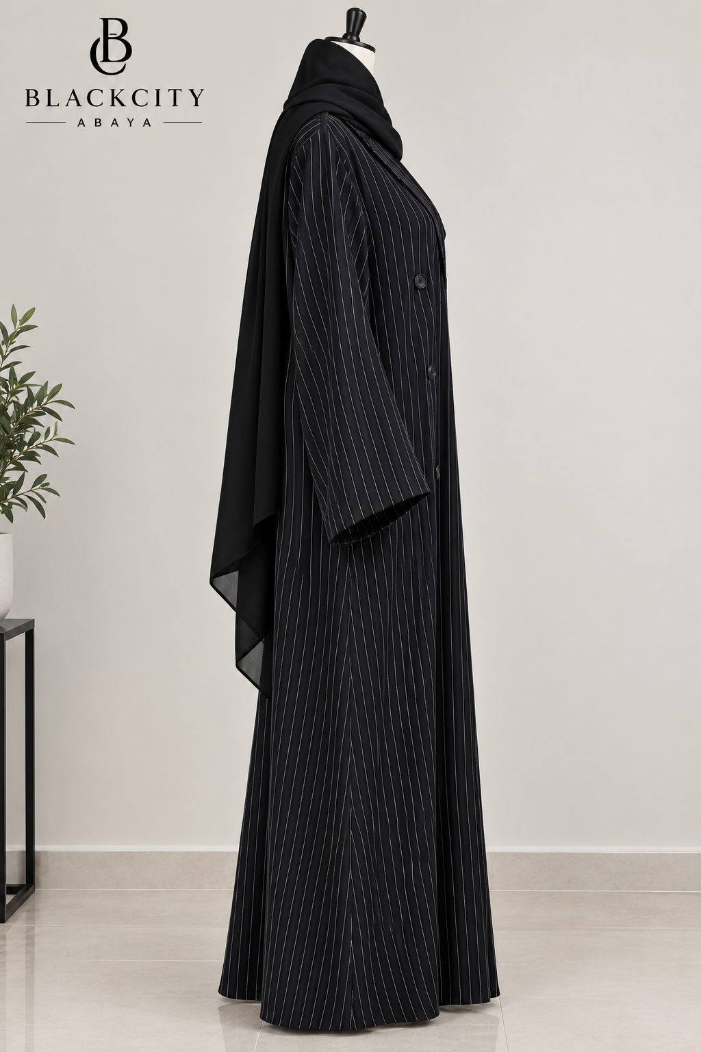 Sophisticated Pinstripe Double-Breasted Coat-Style Abaya Set