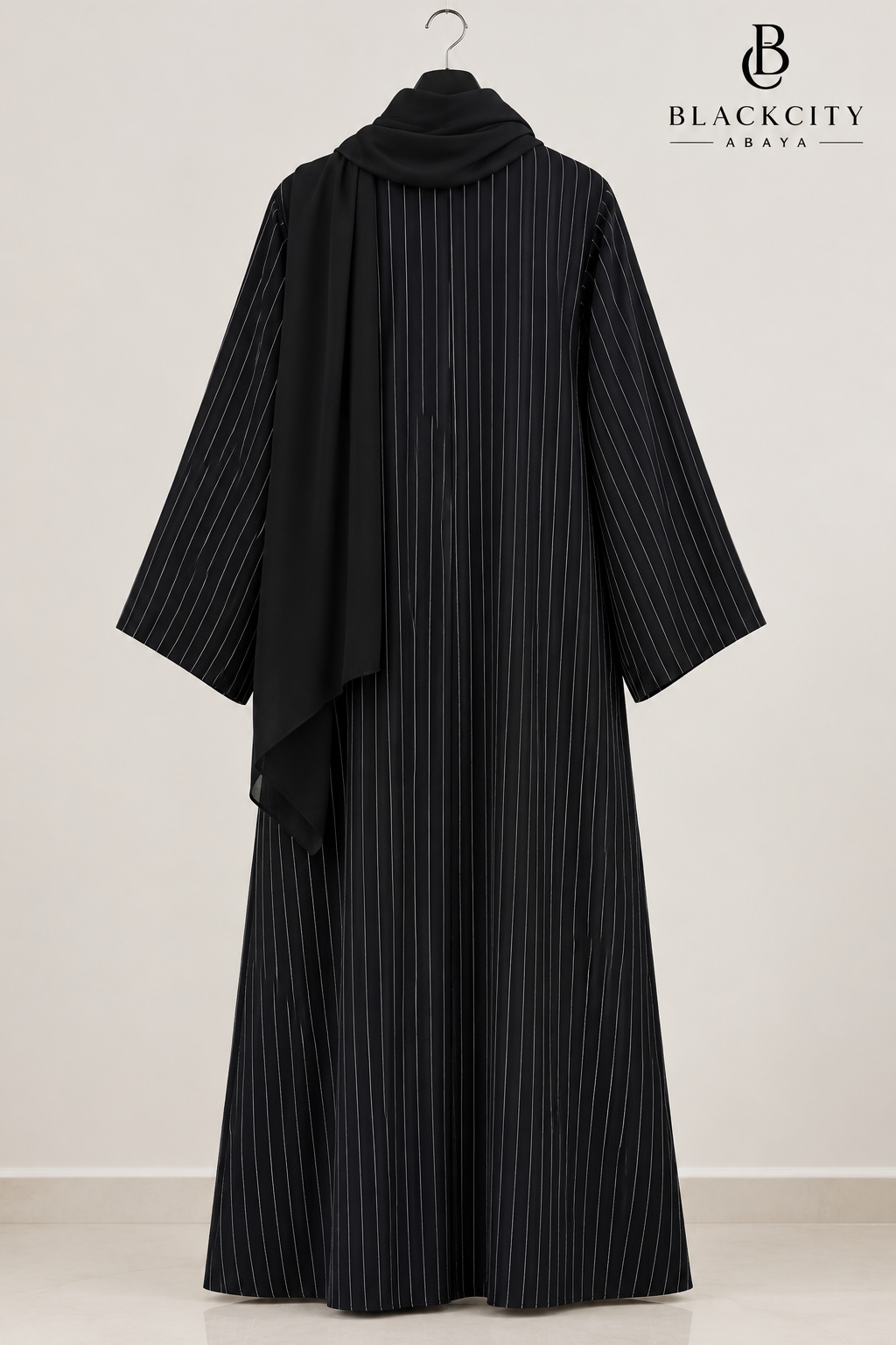 Sophisticated Pinstripe Double-Breasted Coat-Style Abaya Set