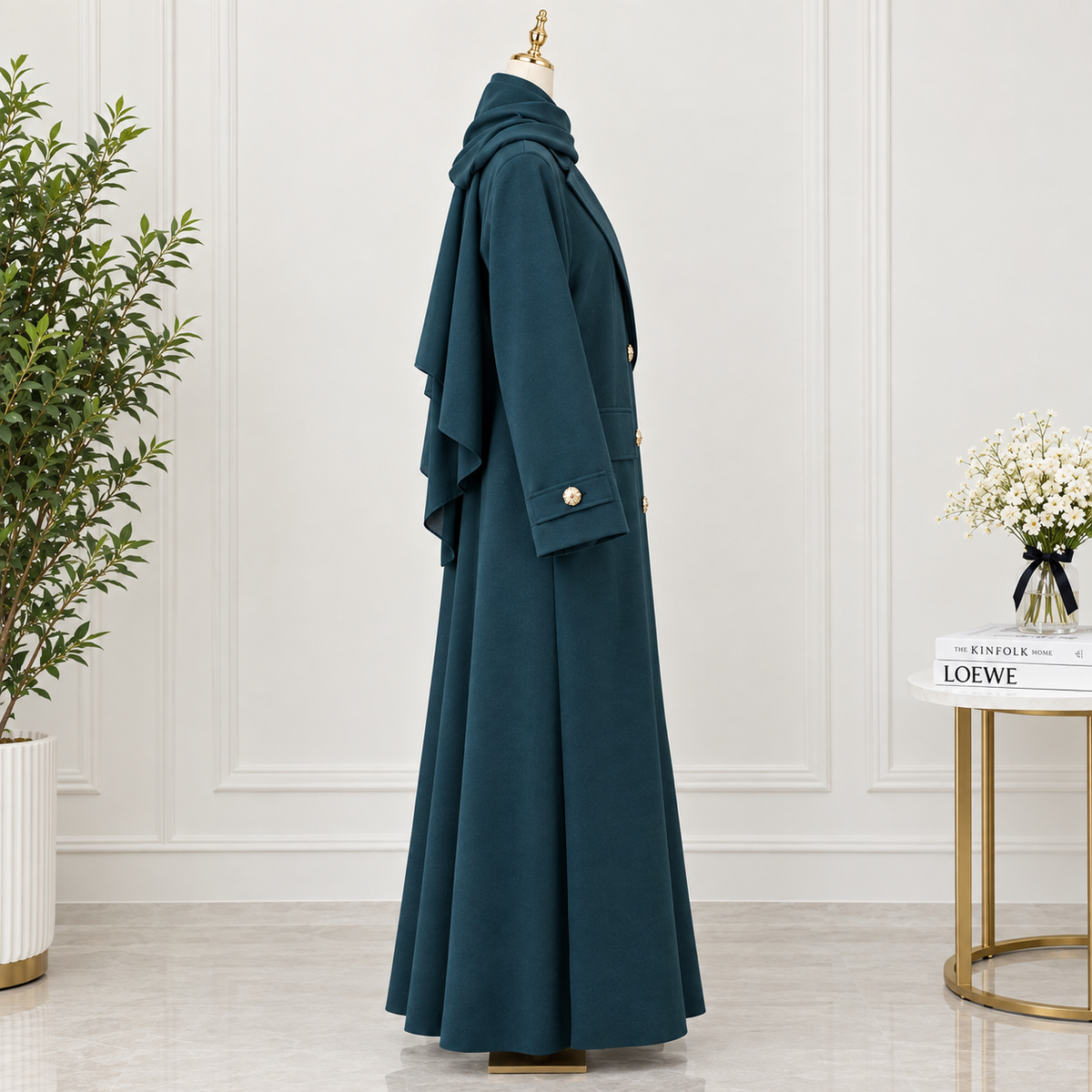 Premium Dubai Double-Breasted Blazer Abaya with Gold Buttons & Matching Hijab Set