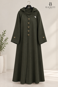 Elegant Hooded Olive Green Abaya with Golden Bow Accent Buttons