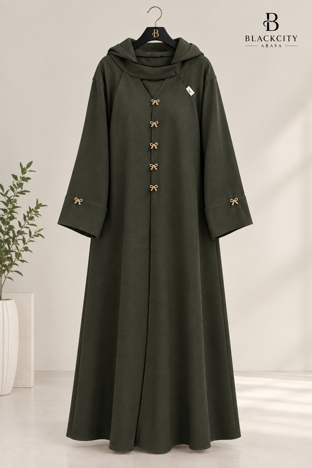 Elegant Hooded Olive Green Abaya with Golden Bow Accent Buttons