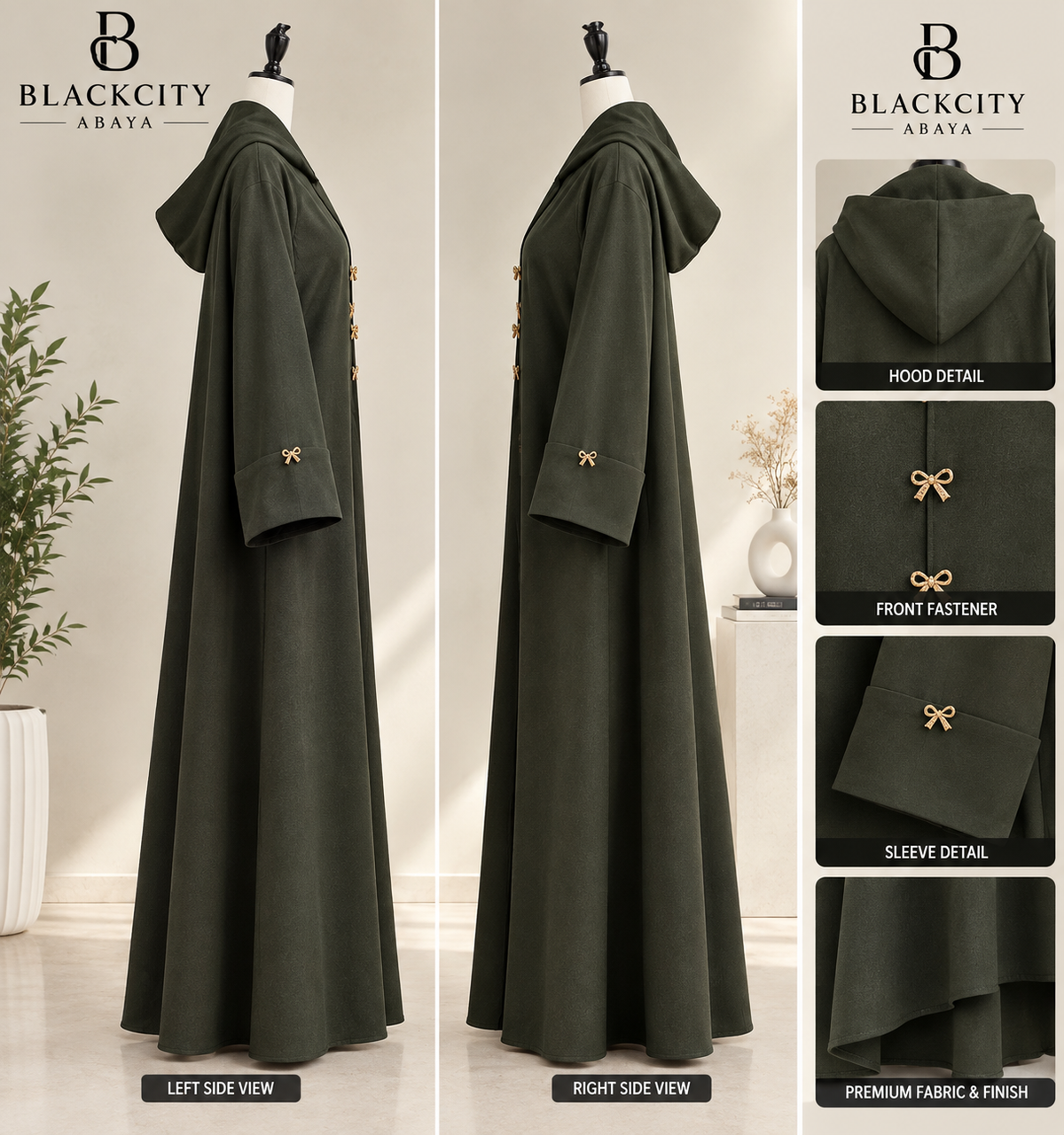 Elegant Hooded Olive Green Abaya with Golden Bow Accent Buttons