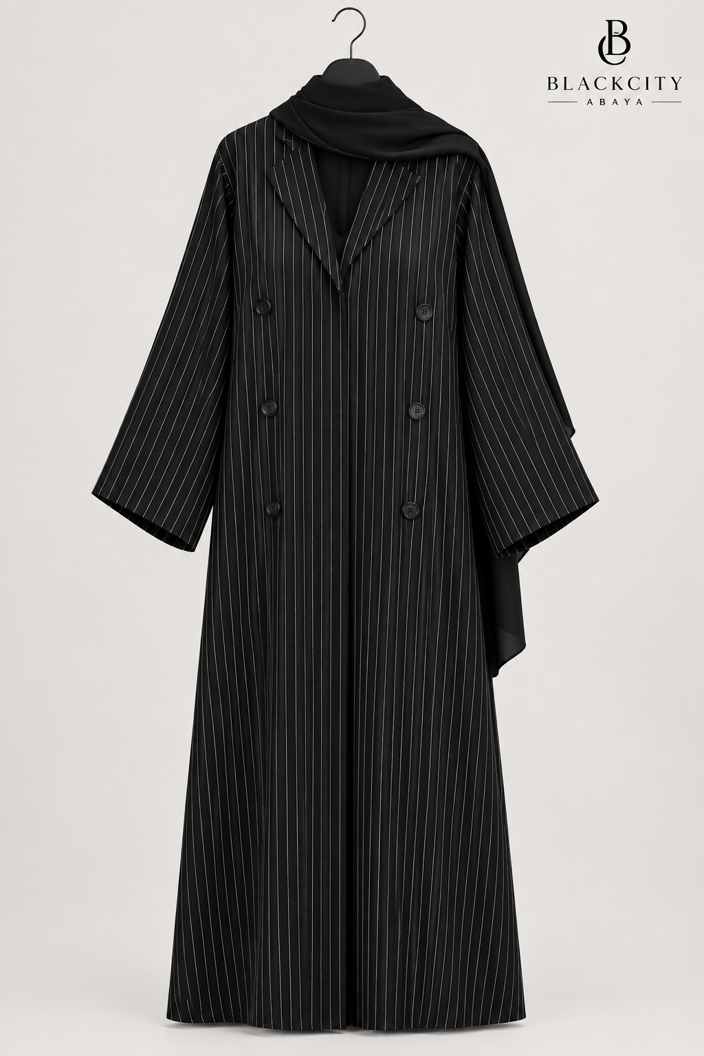 Sophisticated Pinstripe Double-Breasted Coat-Style Abaya Set