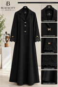 Classic Lapel Collar Black Abaya with Golden Bow Fasteners & Lace Cuffs
