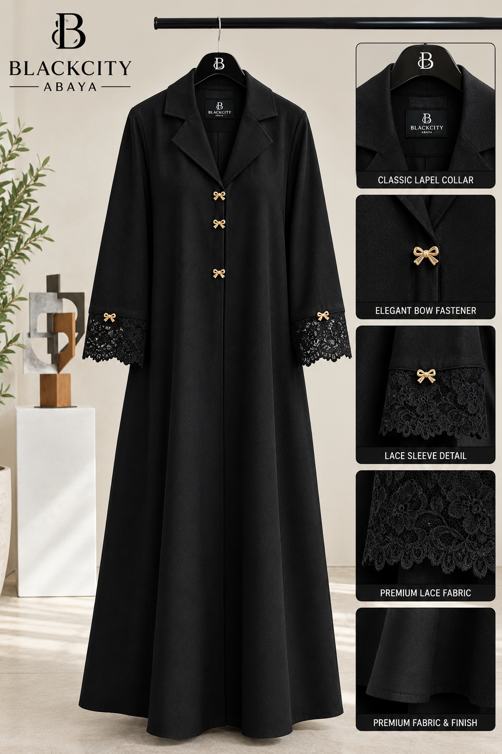 Classic Lapel Collar Black Abaya with Golden Bow Fasteners & Lace Cuffs